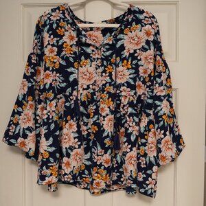 Easel Los Angeles Floral Boho Blouse. Size Small Navy Peasant Top Bell Sleeve.
